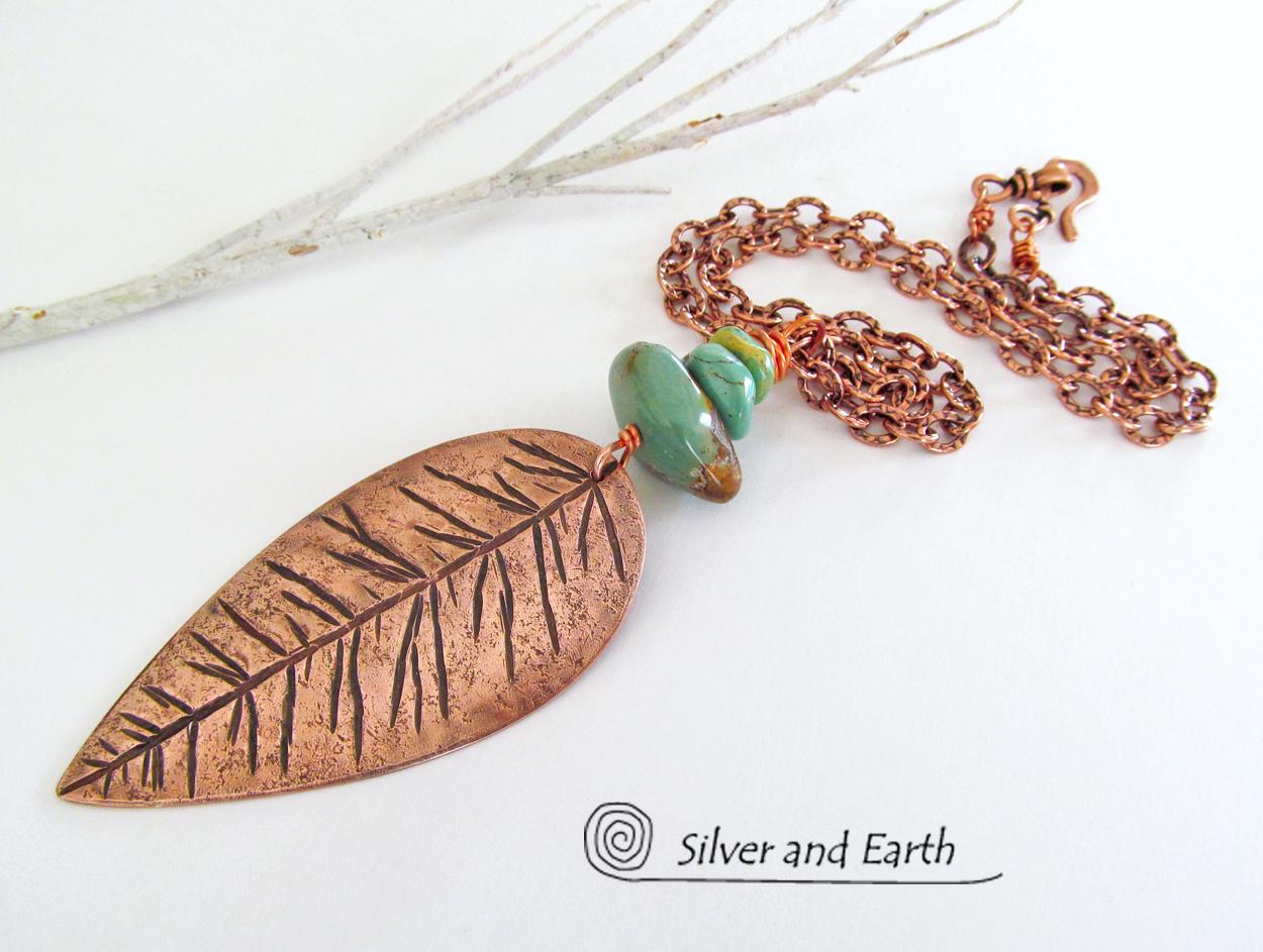 Copper Feather Necklace with Natural Turquoise - Handcrafted Southwest Jewelry