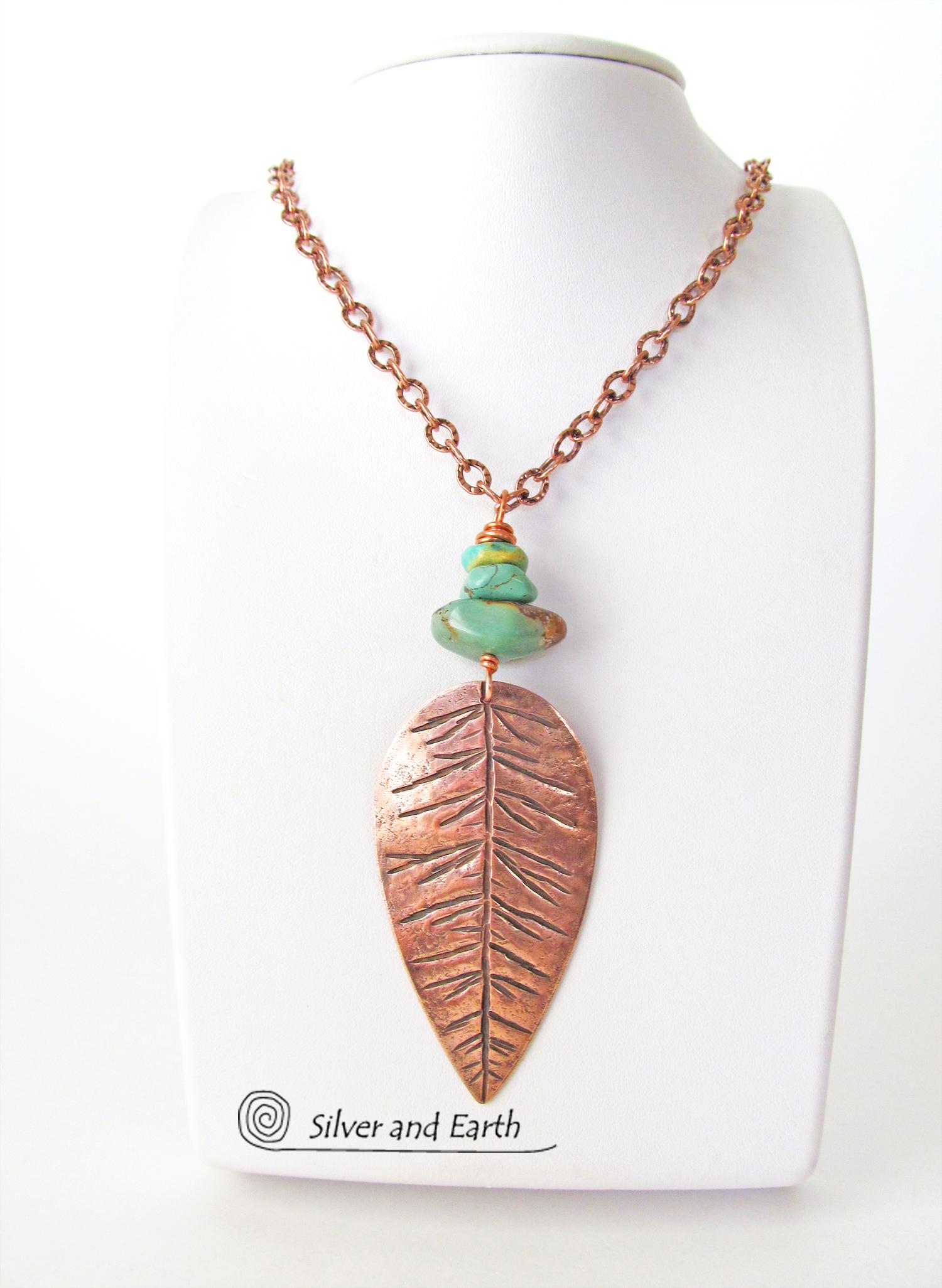 Copper Feather Necklace with Natural Turquoise - Handcrafted Southwest Jewelry