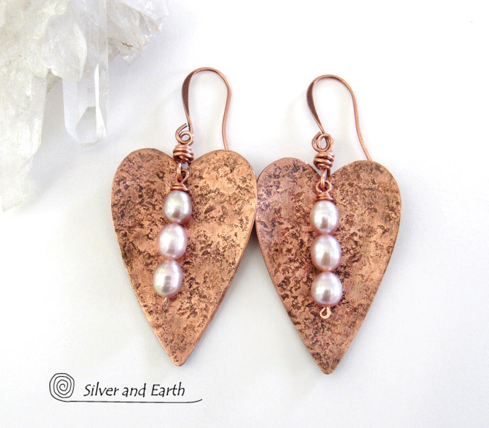Copper Heart Earrings with Pearls - 7th Wedding Anniversary Gifts for Women