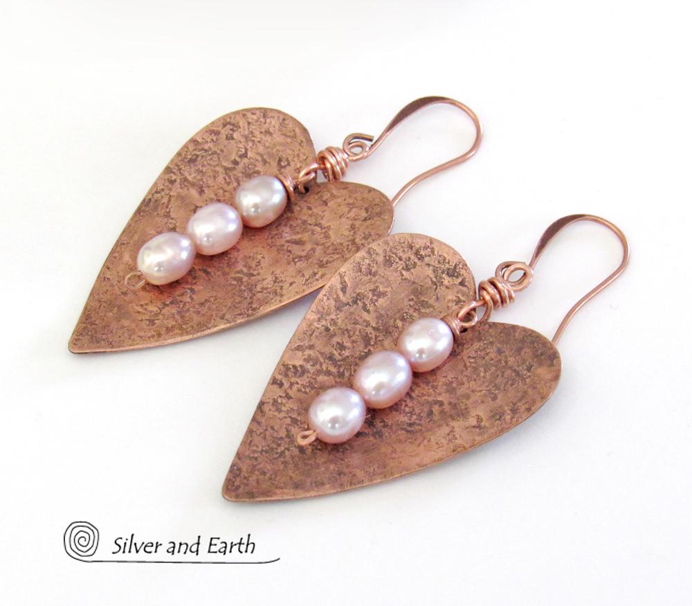 Copper Heart Earrings with Pearls - 7th Wedding Anniversary Gifts for Women