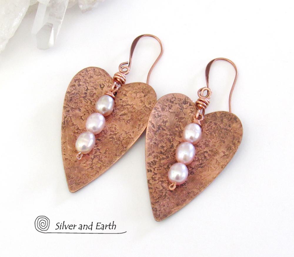 Copper Heart Earrings with Pearls - 7th Wedding Anniversary Gifts for Women