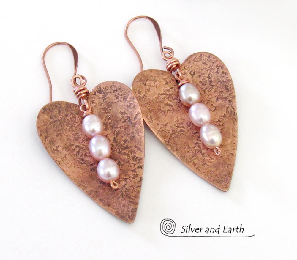 Copper Heart Earrings with Pearls - 7th Wedding Anniversary Gifts for Women