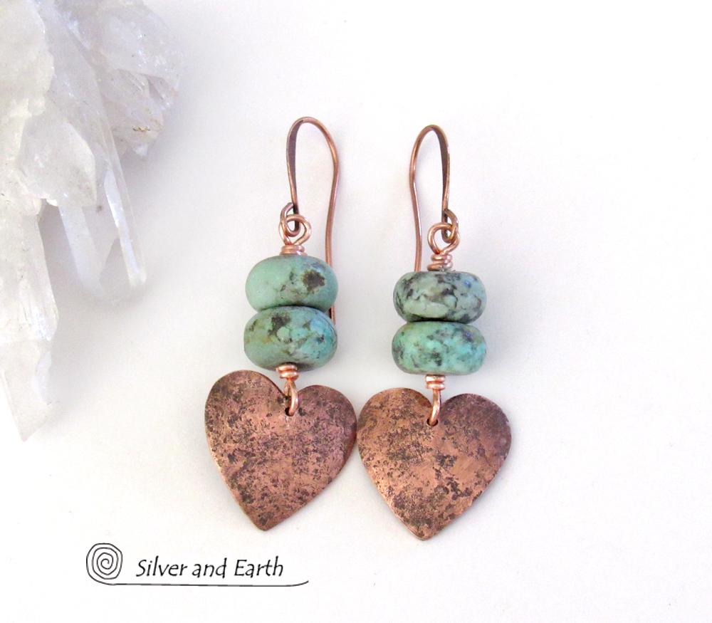 Copper Heart Earrings with African Turquoise Stones - Romantic Gifts for Her