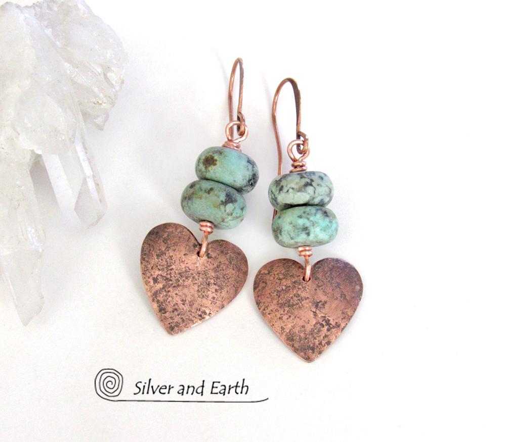 Copper Heart Earrings with African Turquoise Stones - Romantic Gifts for Her