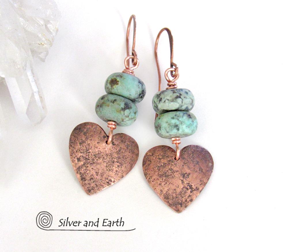 Copper Heart Earrings with African Turquoise Stones - Romantic Gifts for Her