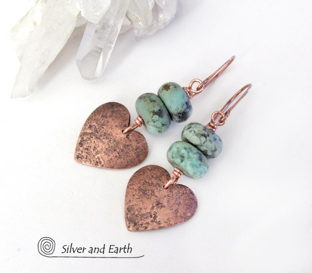 Copper Heart Earrings with African Turquoise Stones - Romantic Gifts for Her