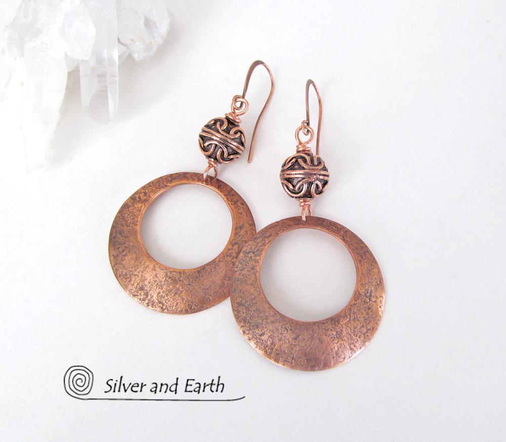 Copper Hoop Earrings with Filigree Beads Chic Modern Jewelry