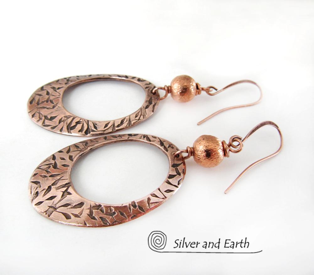 Copper Oval Hoop Earrings with Brushed Satin Beads - Chic Modern Jewelry