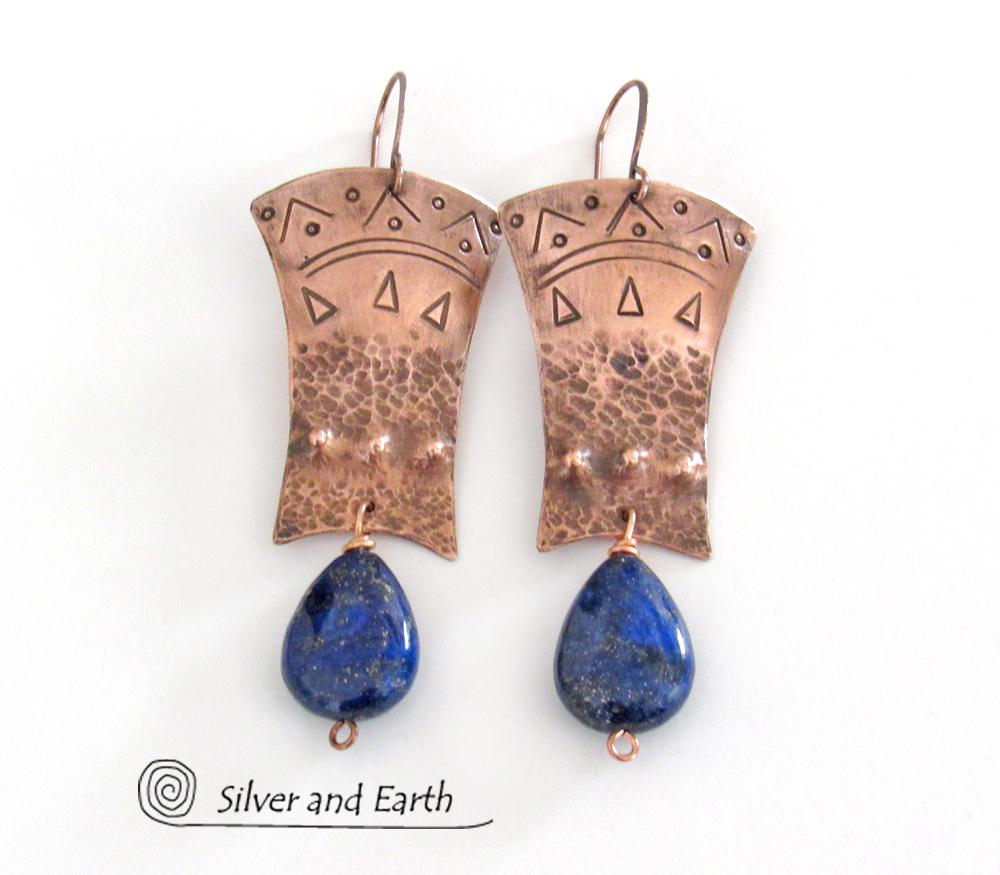 Copper Egyptian Earrings with Lapis Lazuli Gemstones - Bold Exotic Jewelry