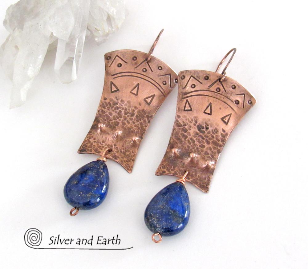 Copper Egyptian Earrings with Lapis Lazuli Gemstones - Bold Exotic Jewelry