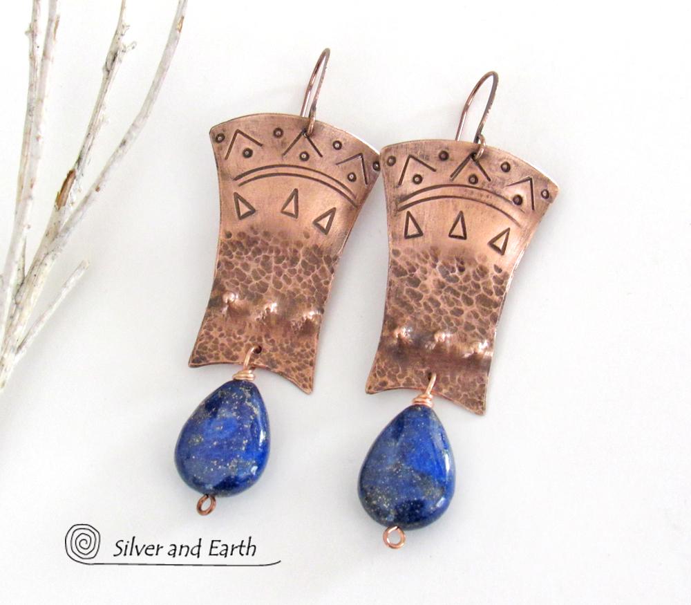 Copper Egyptian Earrings with Lapis Lazuli Gemstones - Bold Exotic Jewelry