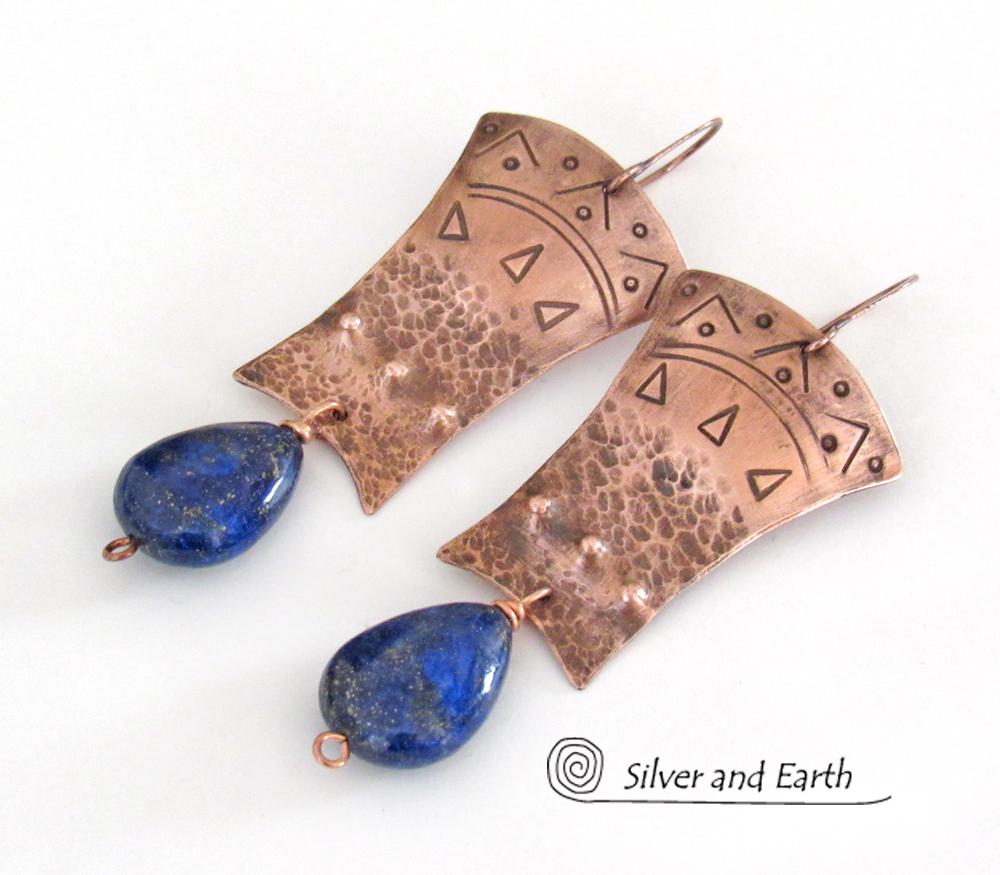 Copper Egyptian Earrings with Lapis Lazuli Gemstones - Bold Exotic Jewelry
