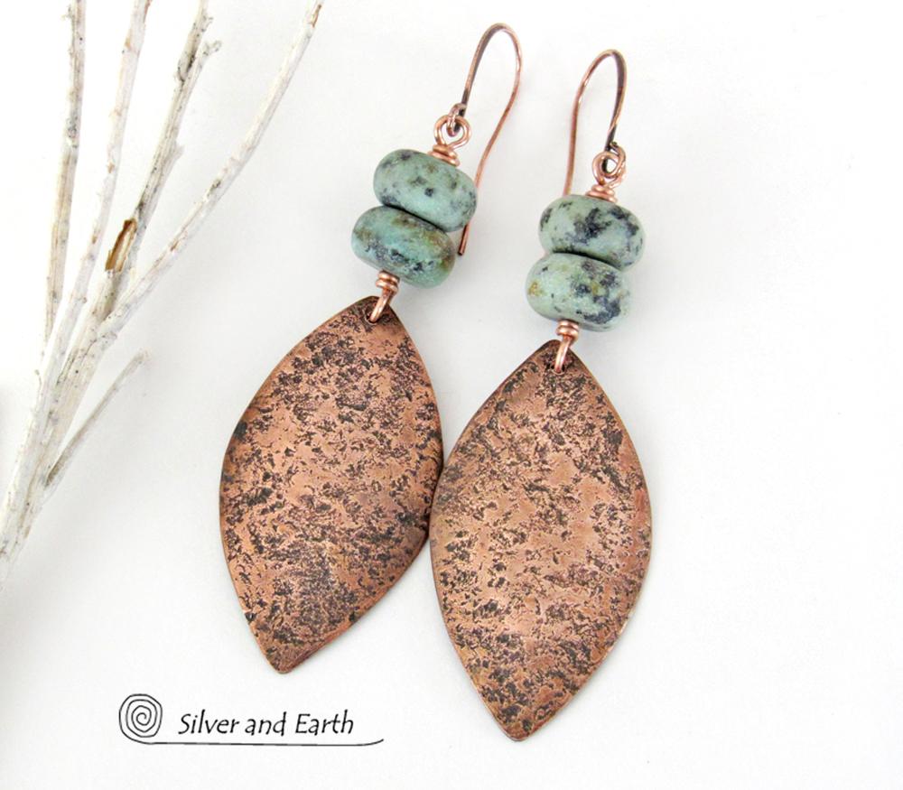 Rustic Hammered Copper Dangle Earrings with African Turquoise Stones