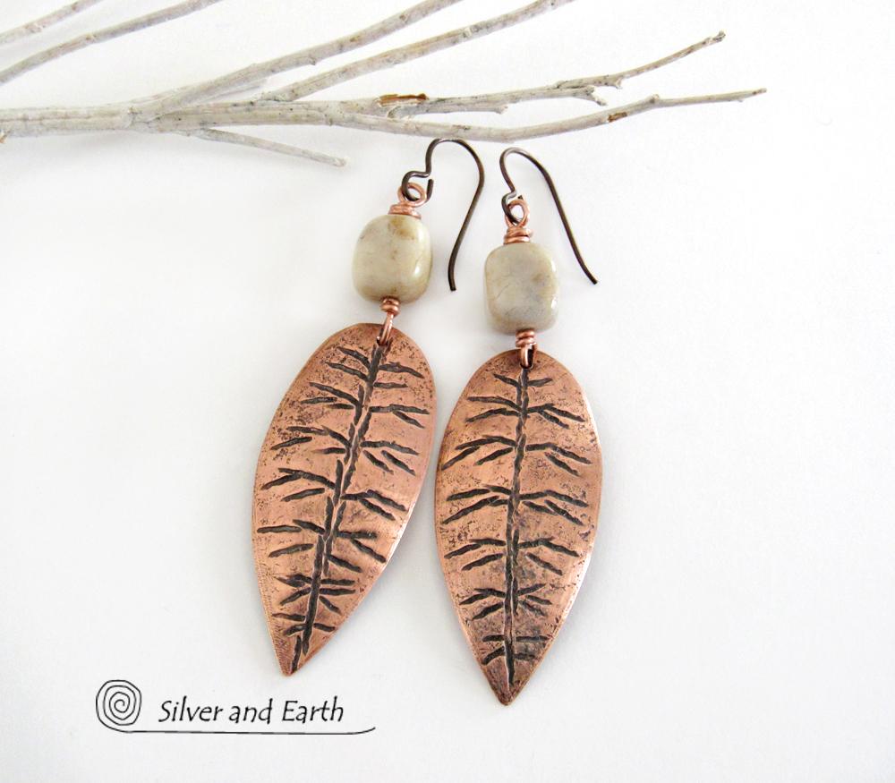 Copper Leaf Earrings with Agate Stones - Earthy Nature Jewelry