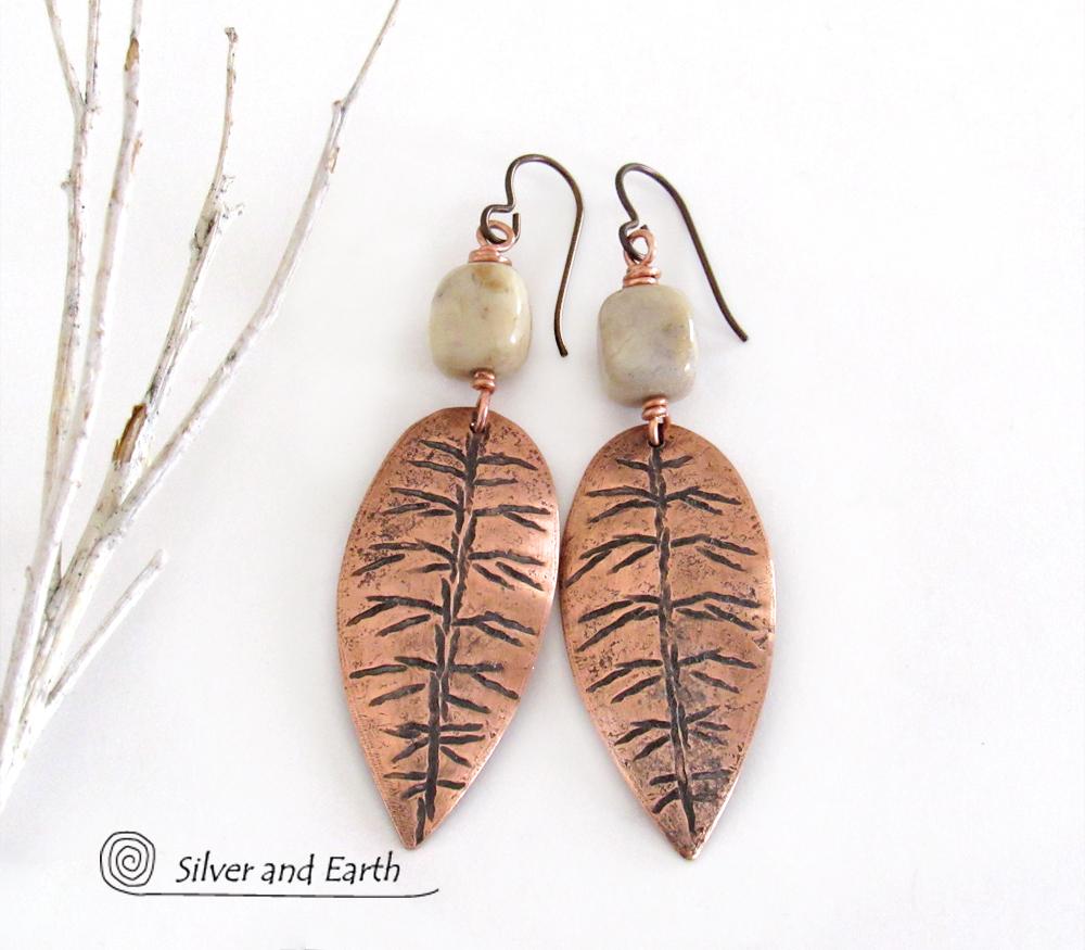 Copper Leaf Earrings with Agate Stones - Earthy Nature Jewelry