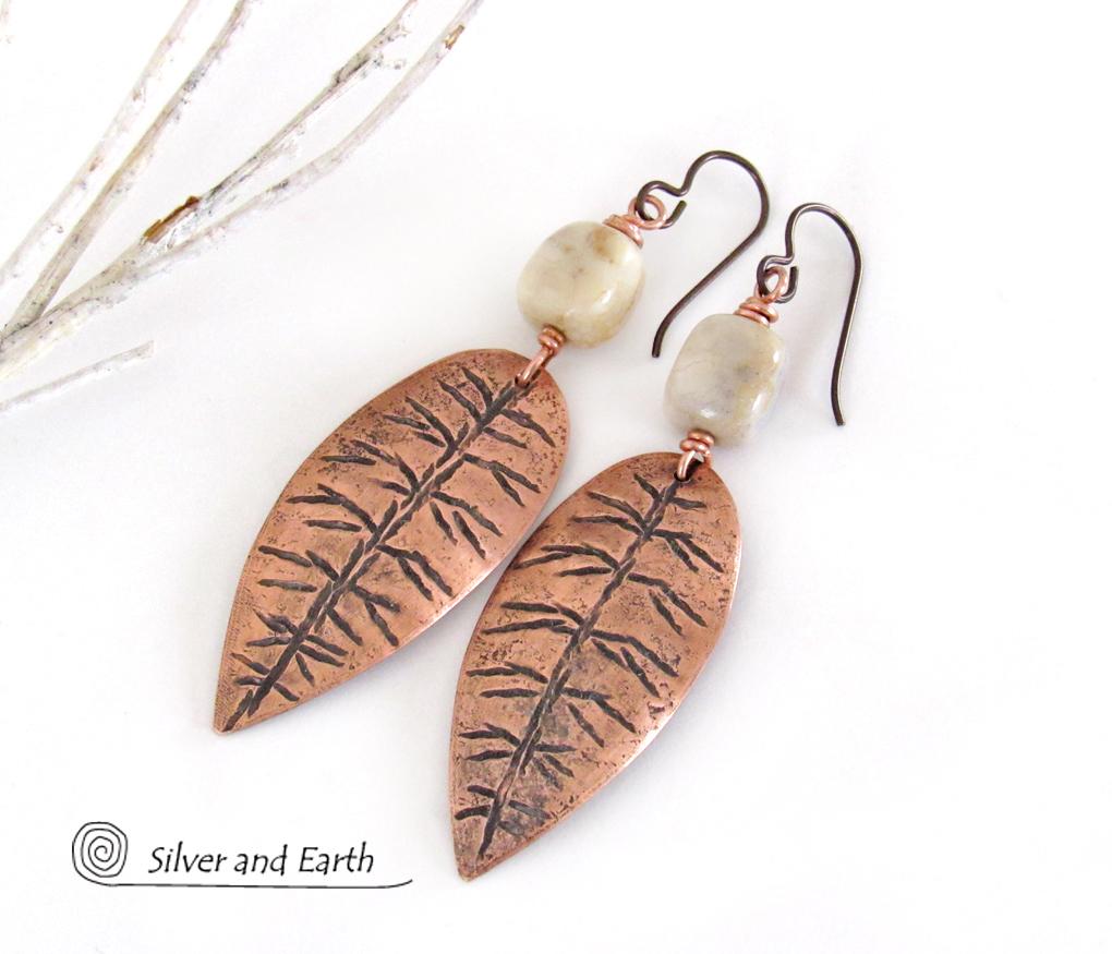 Copper Leaf Earrings with Agate Stones - Earthy Nature Jewelry