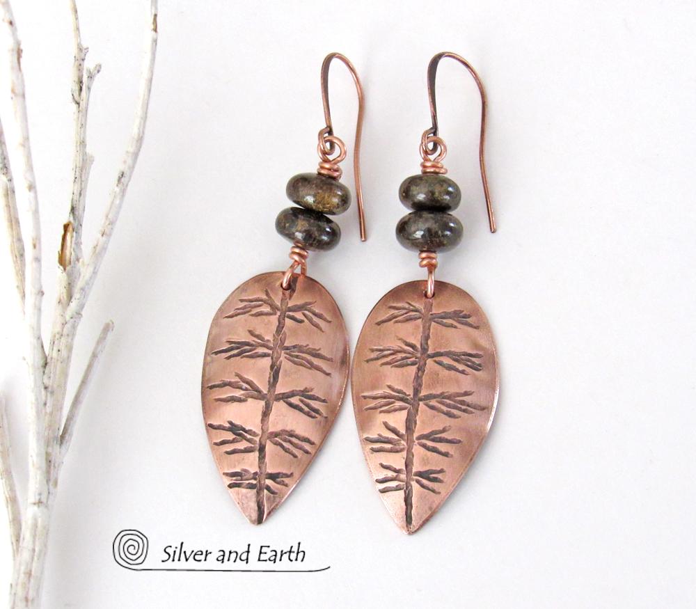 Copper Leaf Earrings with Brown Bronzite Stones - Nature Jewelry