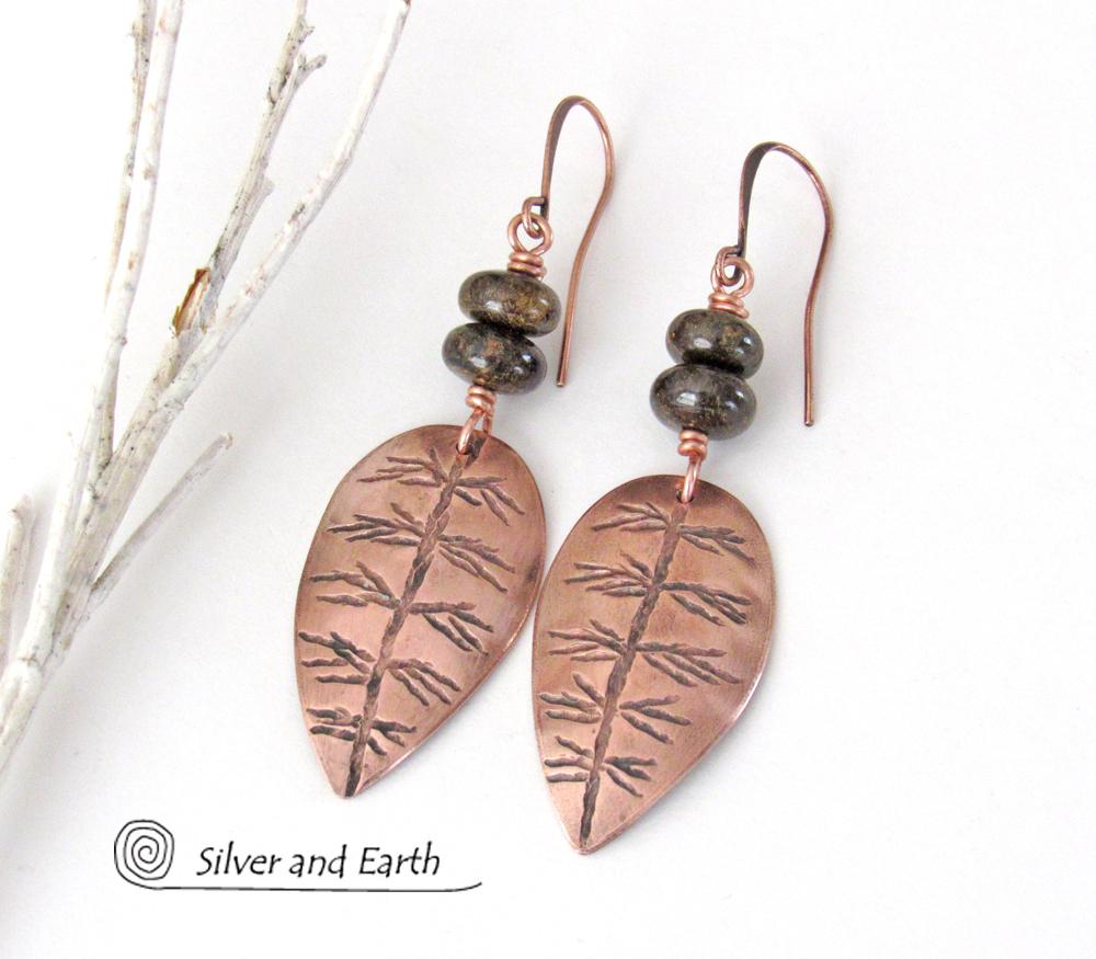 Copper Leaf Earrings with Brown Bronzite Stones - Nature Jewelry