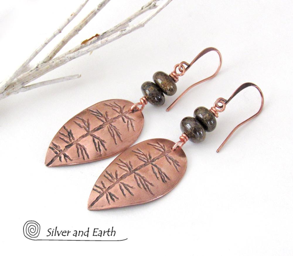 Copper Leaf Earrings with Brown Bronzite Stones - Nature Jewelry