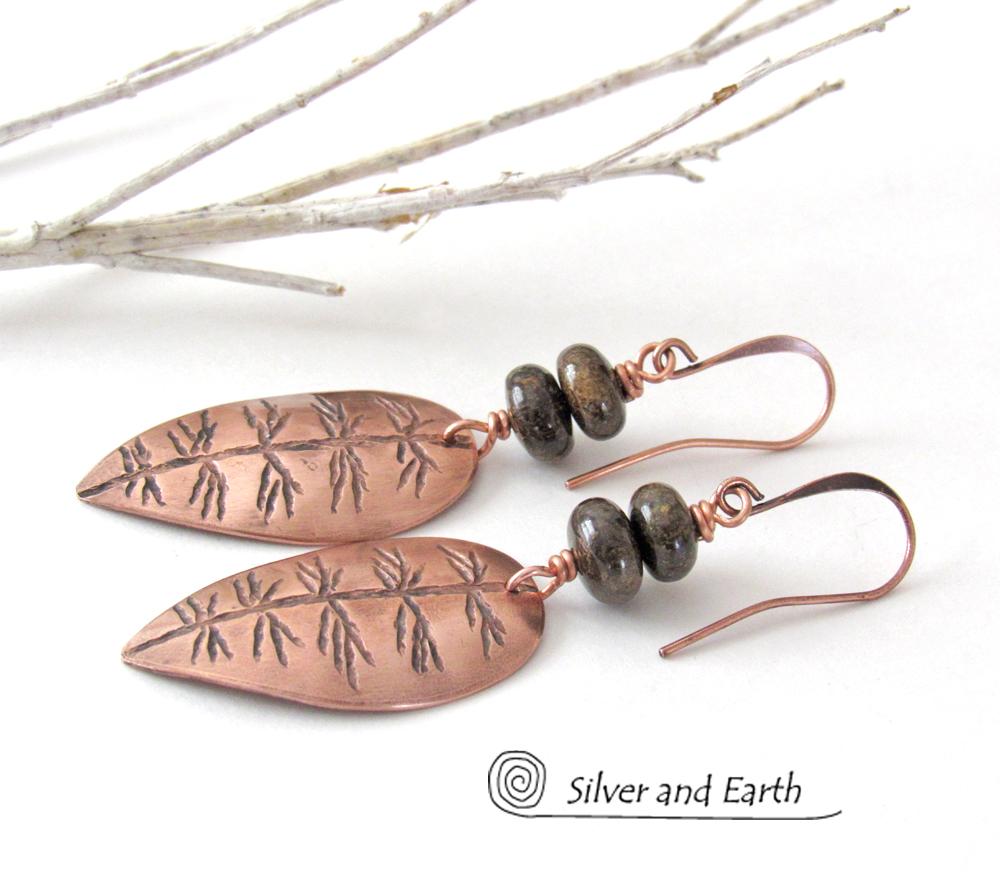 Copper Leaf Earrings with Brown Bronzite Stones - Nature Jewelry