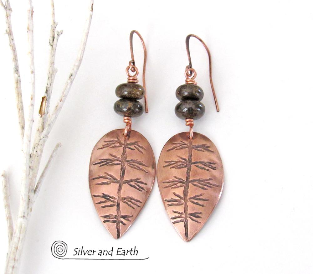 Copper Leaf Earrings with Brown Bronzite Stones - Nature Jewelry