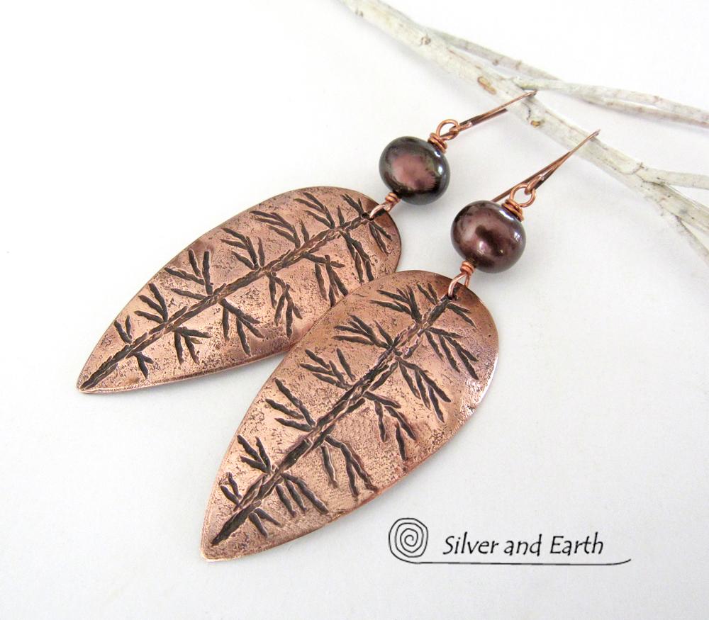 Copper Leaf Earrings with Bronze Pearls - Modern Nature Jewelry