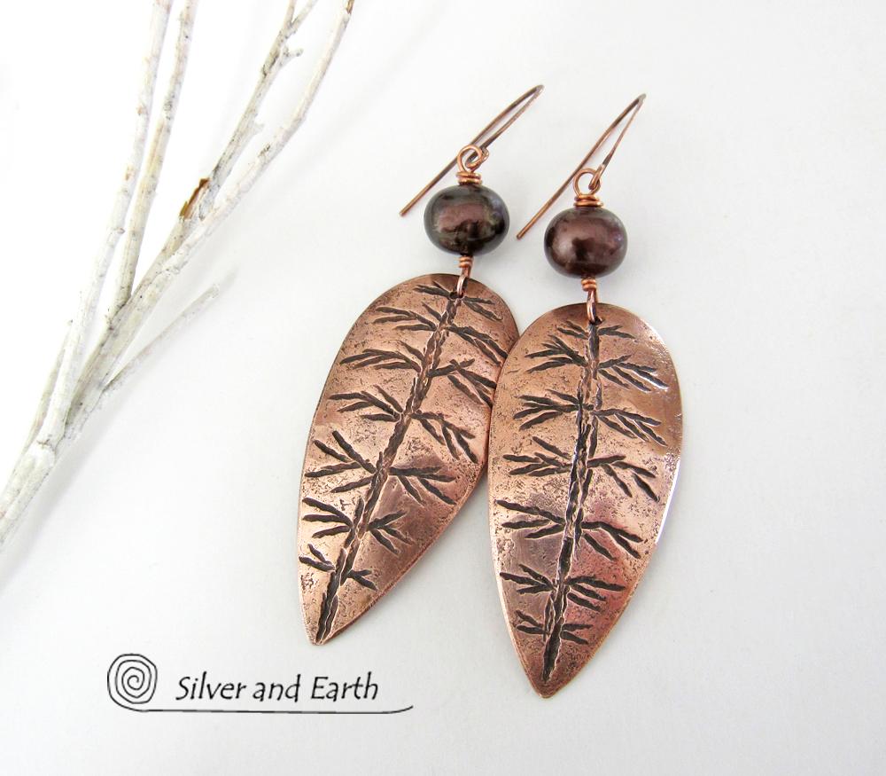 Copper Leaf Earrings with Bronze Pearls - Modern Nature Jewelry