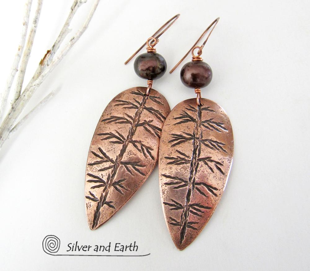 Copper Leaf Earrings with Bronze Pearls - Modern Nature Jewelry