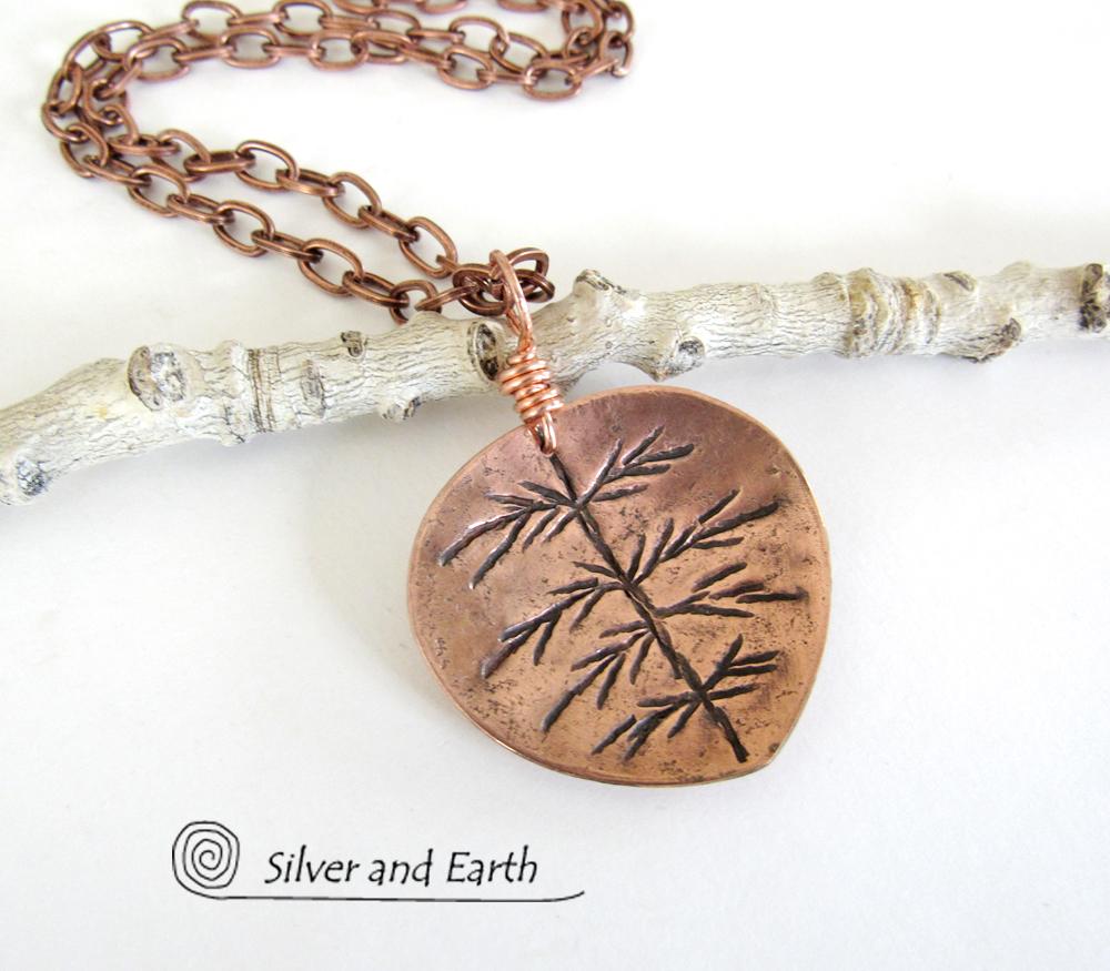 Copper Leaf Necklace with Hand Stamped Design - Earthy Nature Jewelry