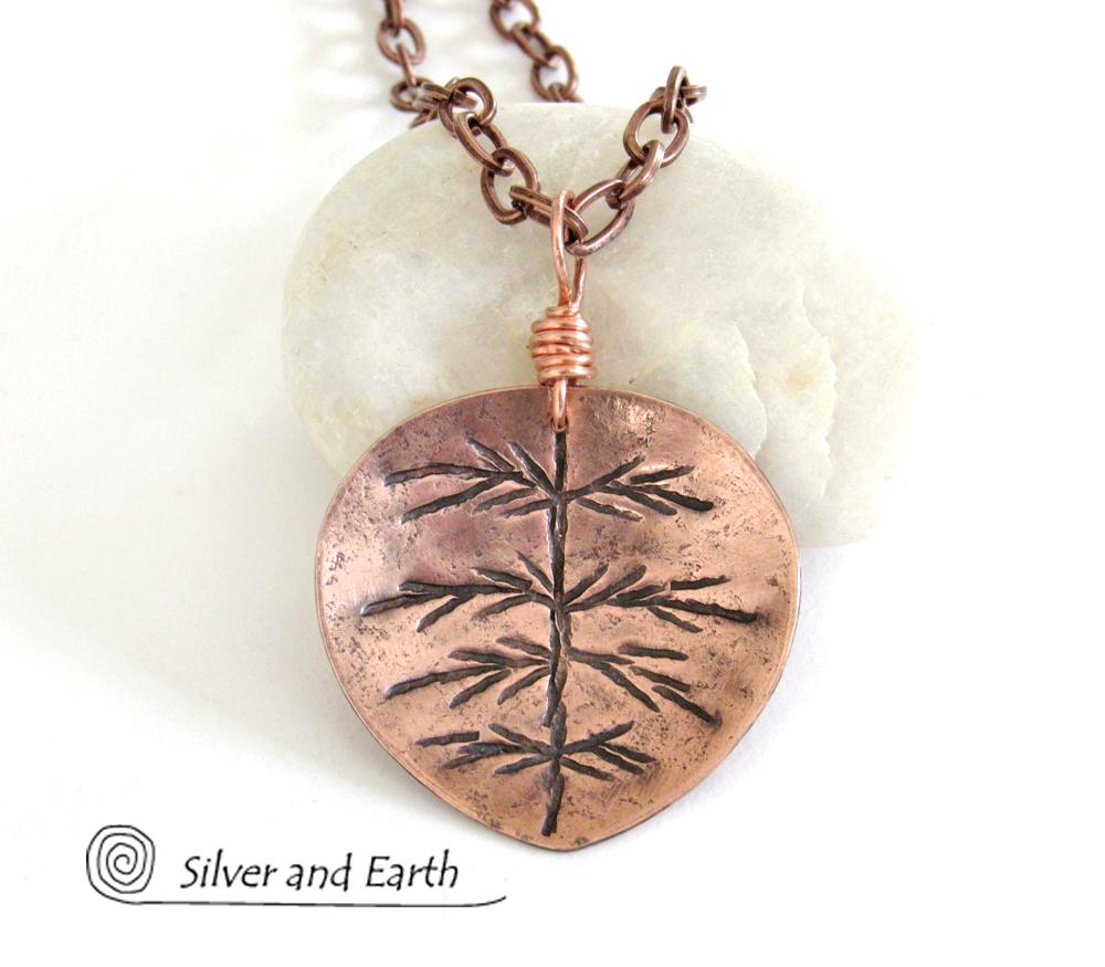 Copper Leaf Necklace with Hand Stamped Design - Earthy Nature Jewelry