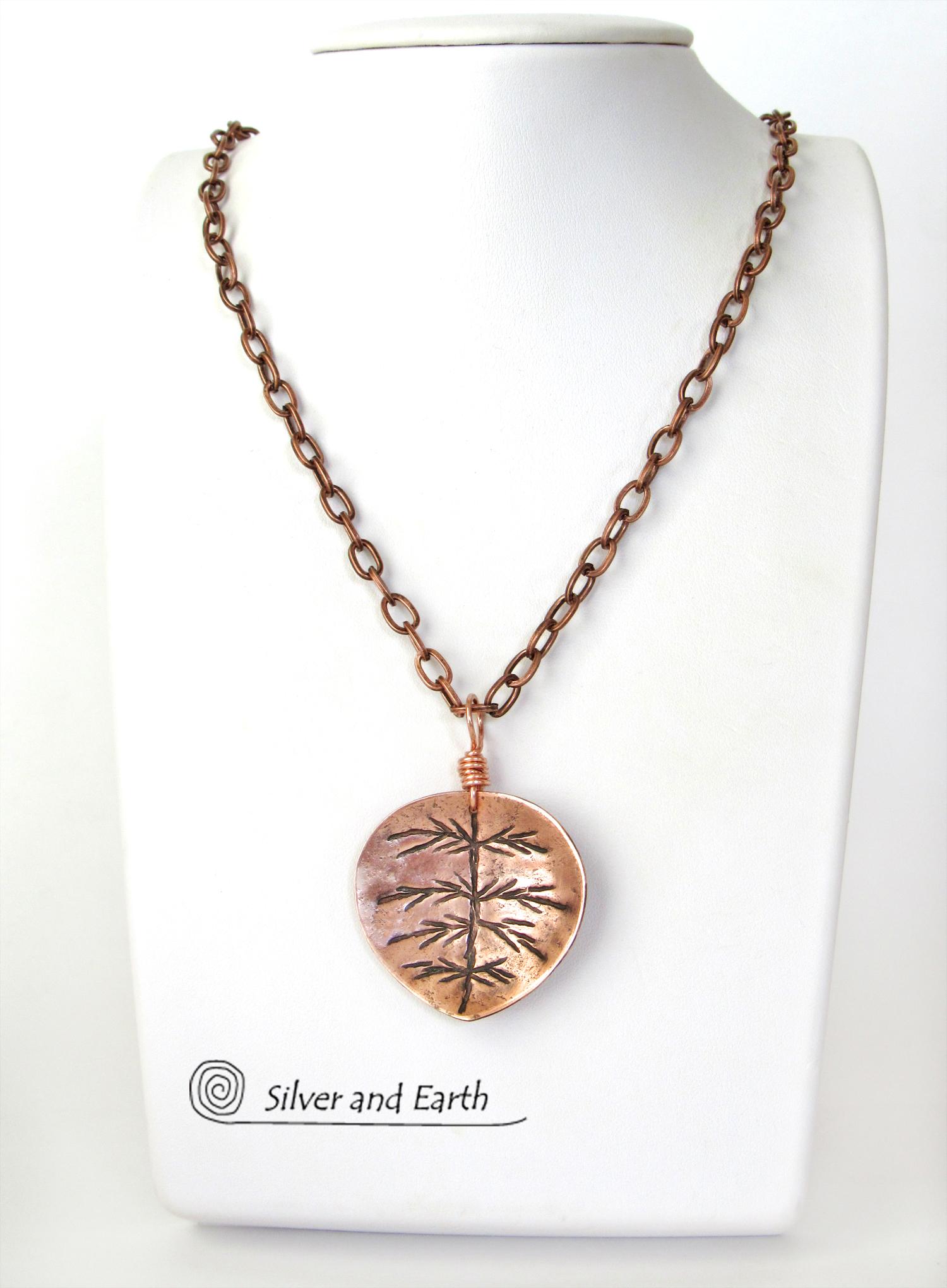 Copper Leaf Necklace with Hand Stamped Design - Earthy Nature Jewelry