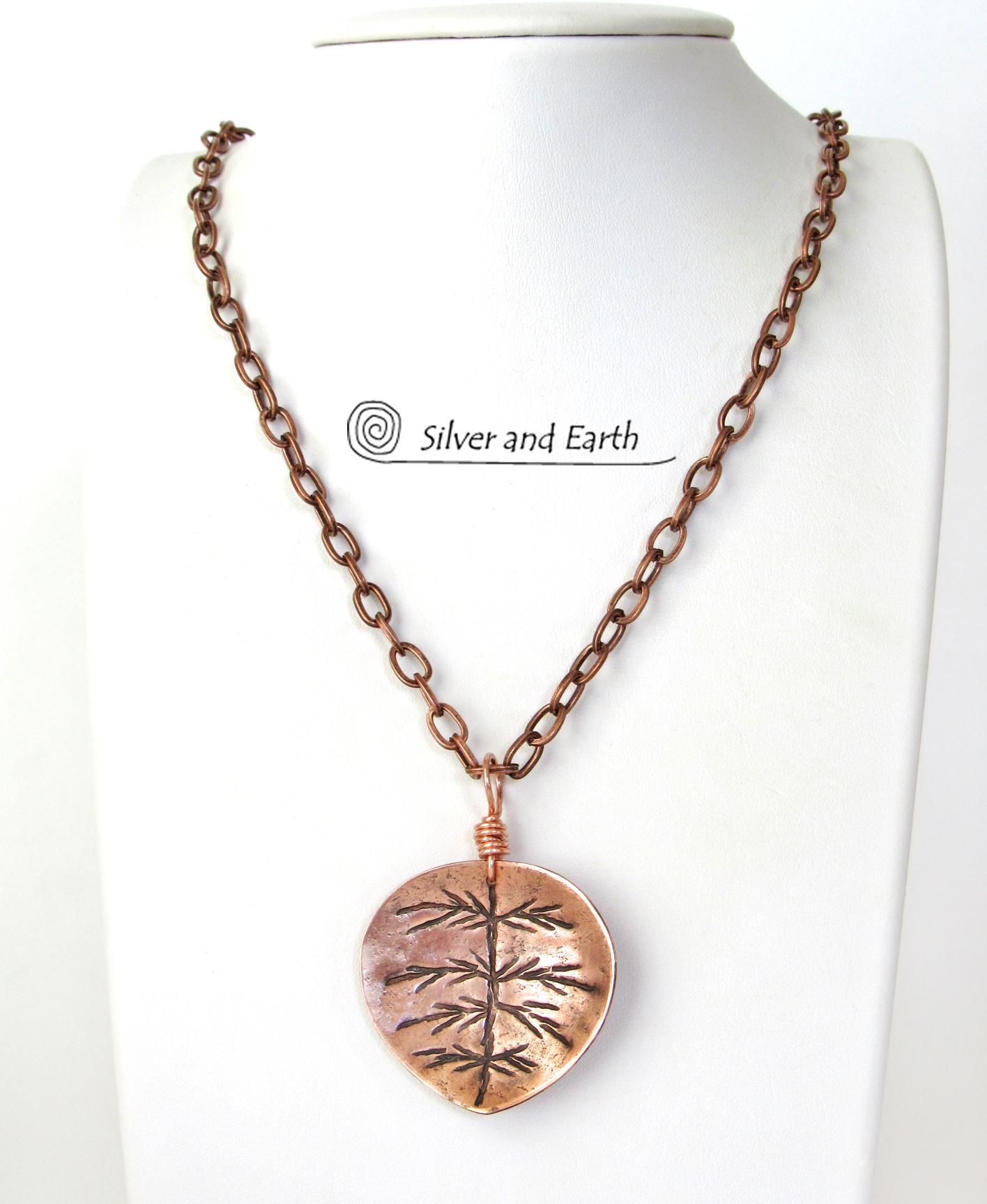 Copper Leaf Necklace with Hand Stamped Design - Earthy Nature Jewelry