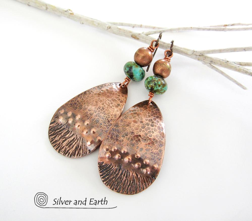 Copper Earrings with African Turquoise Stones - Boho Chic Jewelry