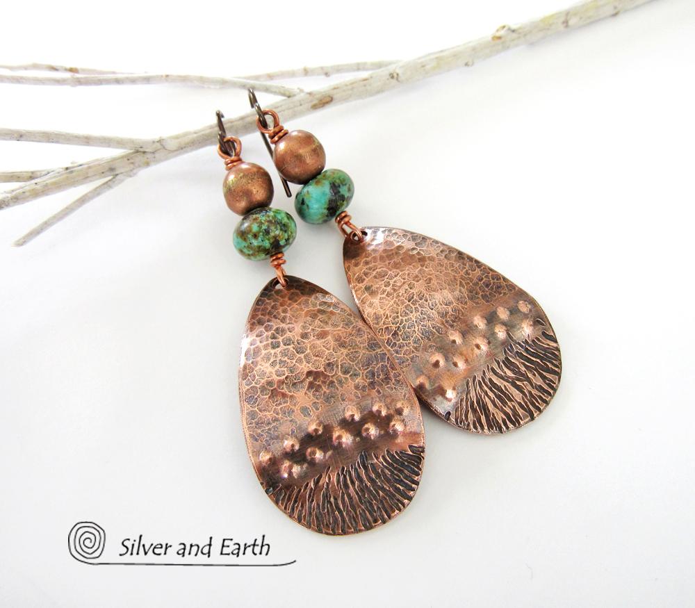 Copper Earrings with African Turquoise Stones - Boho Chic Jewelry