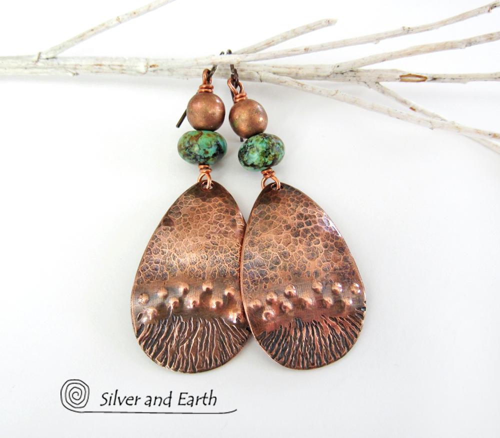 Copper Earrings with African Turquoise Stones - Boho Chic Jewelry