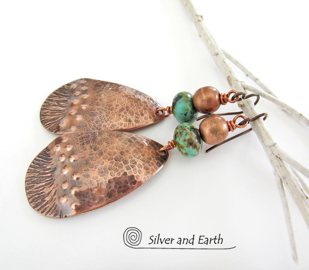 Copper Earrings with African Turquoise Stones - Boho Chic Jewelry