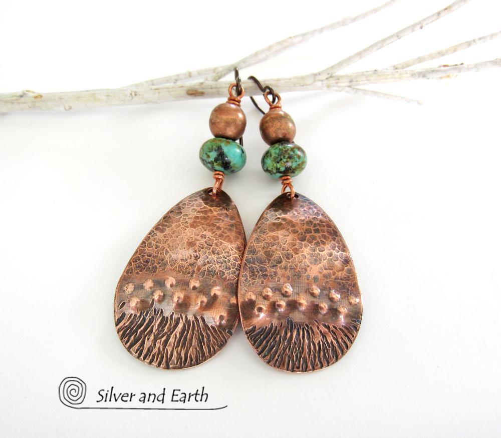 Copper Earrings with African Turquoise Stones - Boho Chic Jewelry