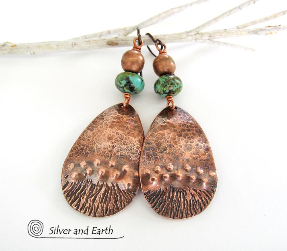 Copper Earrings with African Turquoise Stones - Boho Chic Jewelry