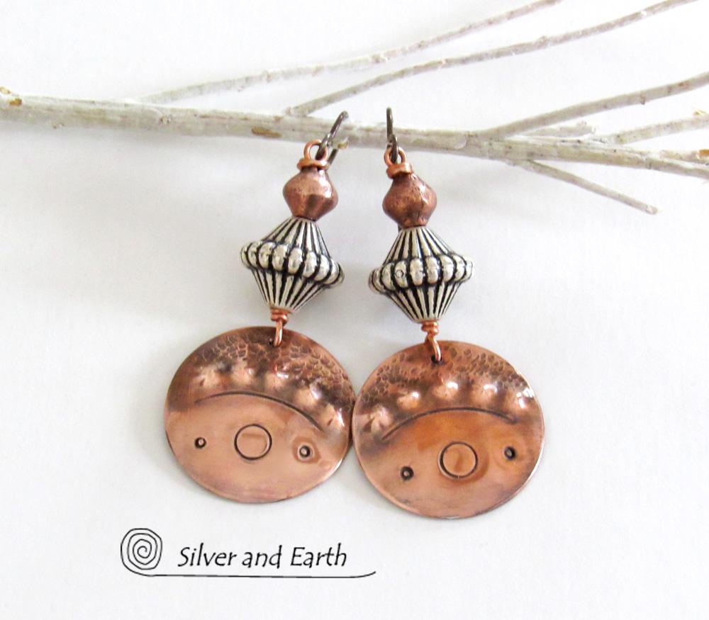 Tribal Copper Earrings with Mixed Metal Beads - Boho Chic Jewelry