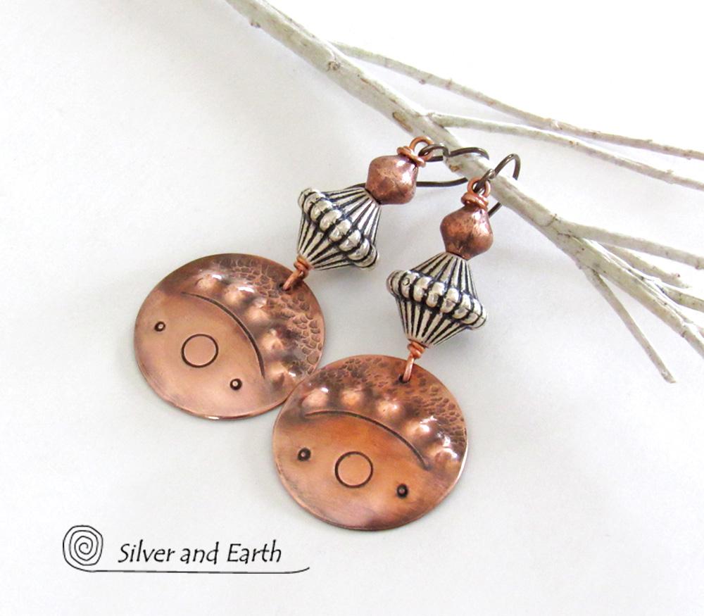 Tribal Copper Earrings with Mixed Metal Beads - Boho Chic Jewelry