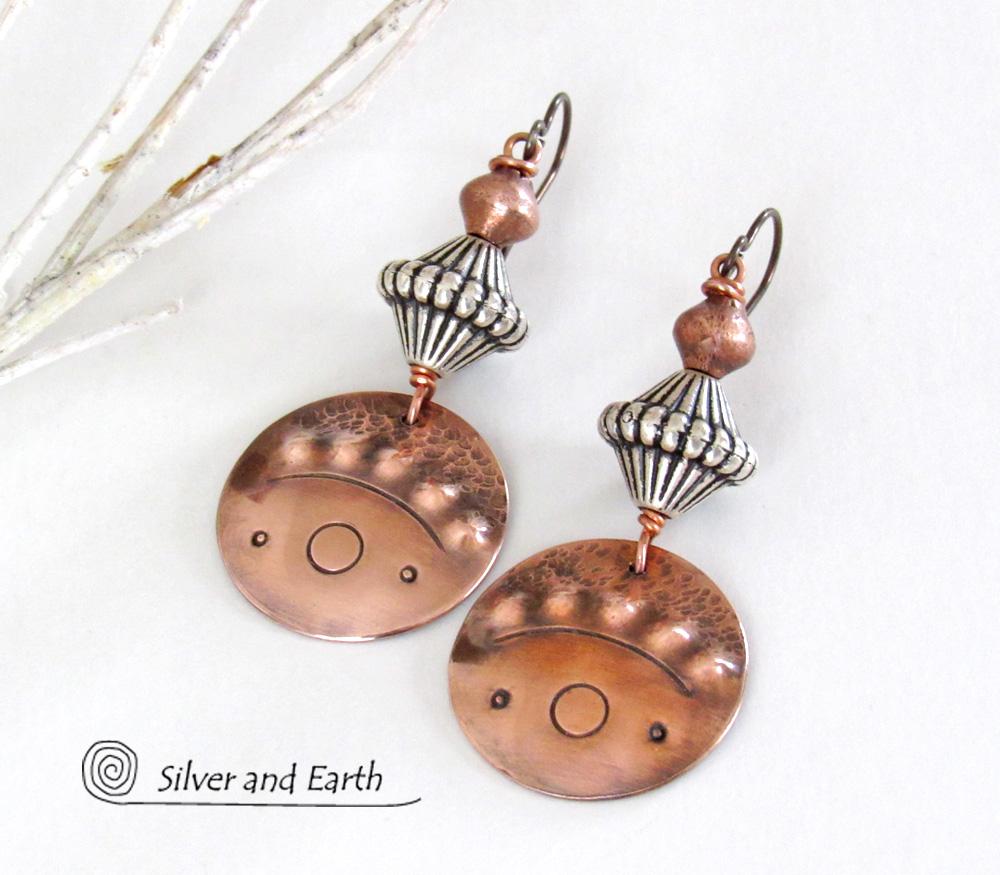 Tribal Copper Earrings with Mixed Metal Beads - Boho Chic Jewelry