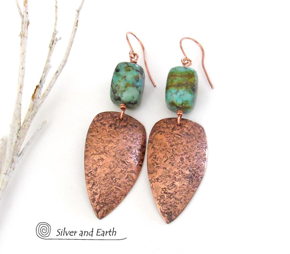 Copper Tribal Shield Earrings with African Turquoise - Hand Forged Metal Jewelry