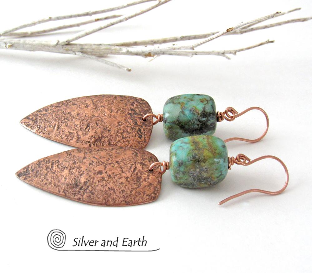 Copper Tribal Shield Earrings with African Turquoise - Hand Forged Metal Jewelry