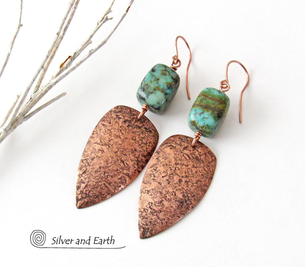 Copper Tribal Shield Earrings with African Turquoise - Hand Forged Metal Jewelry