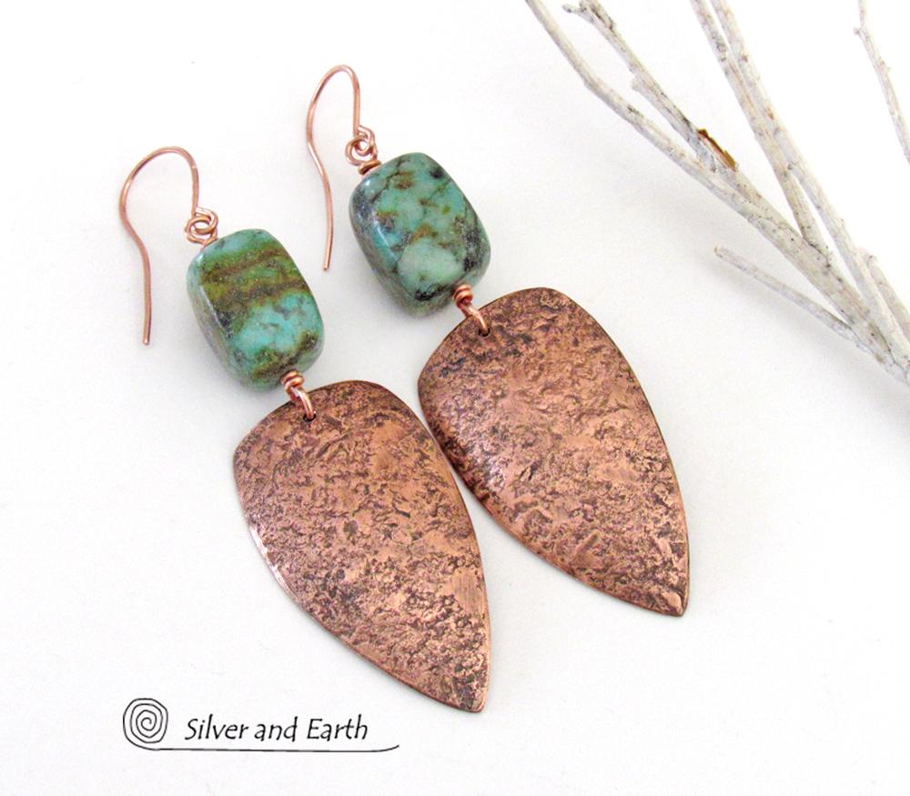 Copper Tribal Shield Earrings with African Turquoise - Hand Forged Metal Jewelry