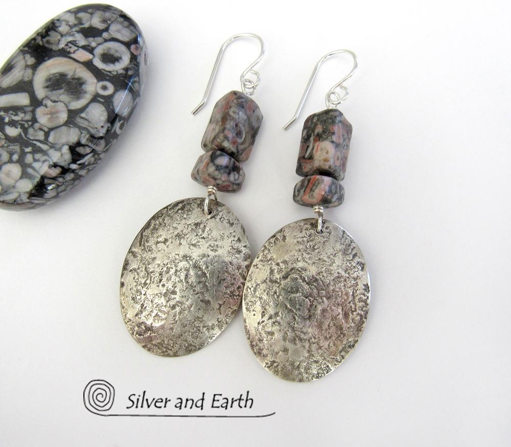 Crinoid Fossil Sterling Silver Earrings - Earthy Natural Fossil Jewelry