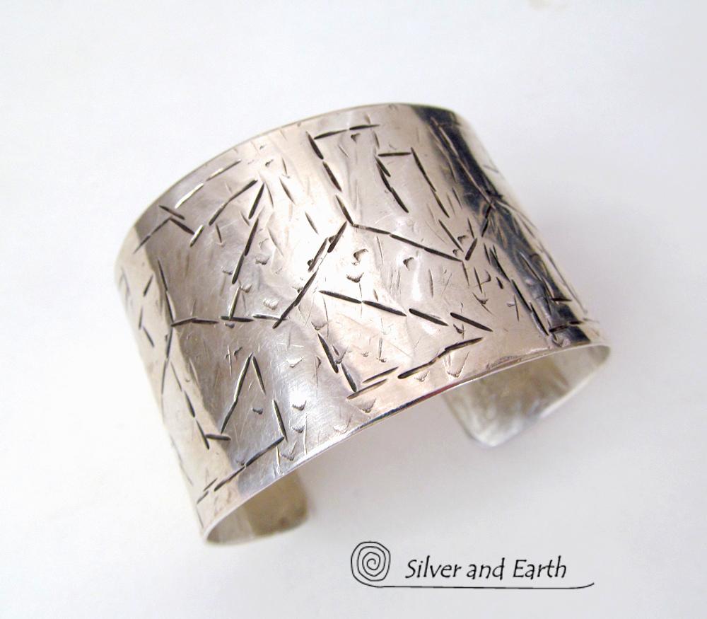 Textured Wide Sterling Silver Cuff Bracelet - Handcrafted Silver Jewelry