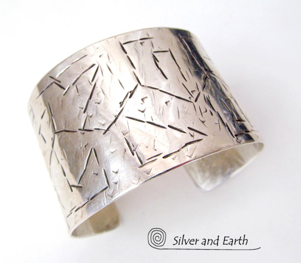 Textured Wide Sterling Silver Cuff Bracelet - Handcrafted Silver Jewelry