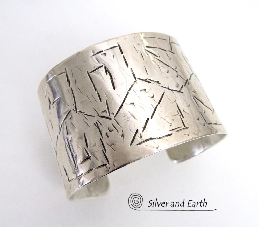 Gift For Her Sterling Silver Wide Boho Cuff Bracelet Handmade Minimalist Lines Pattern Texture Semi Shiny Silver Slight Concave Edges 