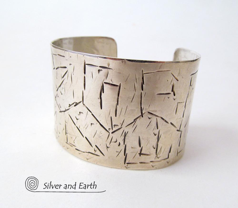 Textured Wide Sterling Silver Cuff Bracelet - Handcrafted Silver Jewelry